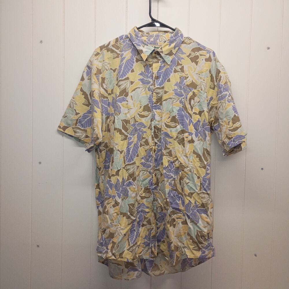 Vintage LL Bean Hawaiian Shirt Large Tall Short Sleeve Floral Button Up Made HK